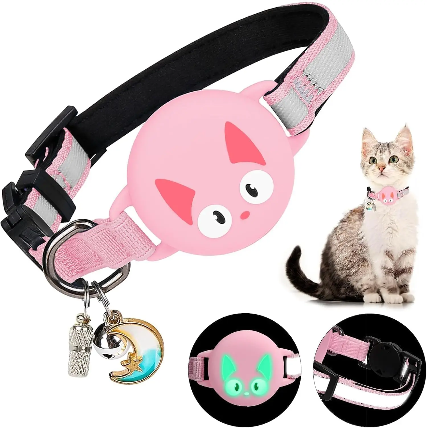 Reflective Breakaway Cat Collar for(st & nd) Holder - Waterproof Safety Buckle Kitten Collar with Bell, Luminous Lightweight GPS Tracker Case for Apple for Air Tag (Blossom Pink)