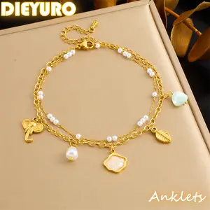 DIEYURO 316L Stainless Steel Elephant Sea Shell Leave Pearl DoubleLayer Anklet For Women Fashion Foot Chain Jewelry Holiday Gift