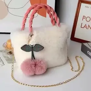 Women’s Soft Faux Fur Tote Crossbody Handbag - Sports & Outdoor Protective Gear Accessory, Detachable Chain Strap, Cute Plush Cherry Charm, Edge-Painted Unlined Stylish Bag for Travel, Birthday Gifts