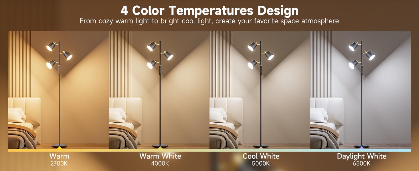 LED Tree Floor Lamp, 2500LM Super Bright Standing Lamp with Remote & Touch Control, 4 Color Temperatures, 3 Rotatable Lights, Modern Dimmable Floor Lamps for Living Room Bedroom Office