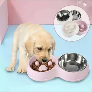 Slow Feeder Dog cat Double Bowl Design Stainless Steel and Anti-Choking