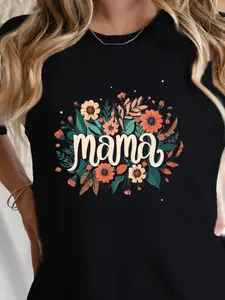 Women's T-Shirt | 'Mama' Floral Geometric Design | 100% Pure | Round Neck, Regular Fit | All-Season Comfort | Machine Washable | Casual Style with Vibrant Pastel Flowers & Leaves Graphic, Allseason Apparel | Bold Lettering Shirt | Pure Fabric, T Shirts