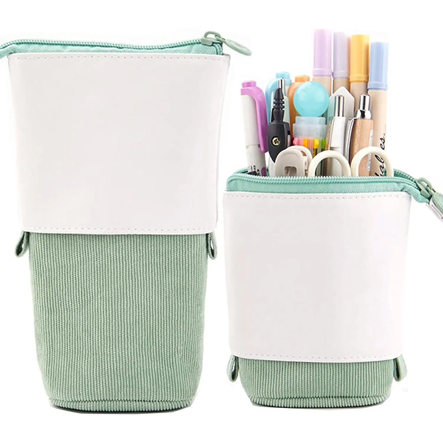 Telescopic Pencil Bag Pen Holder Stationery Case, PU Corduroy Stand-up Retractable Transformer Bag Colorful Organizer,  for Christmas Holiday (Green)