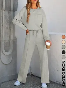 2 Piece Women's Casual Long Sleeve Pocket Sportswear Set, Sweatsuit With Pockets Matching Set, Stylish Wide Leg Athletic for All Seasons, Comfortable Fitted Fashion, Sweatsuit Set Outfit