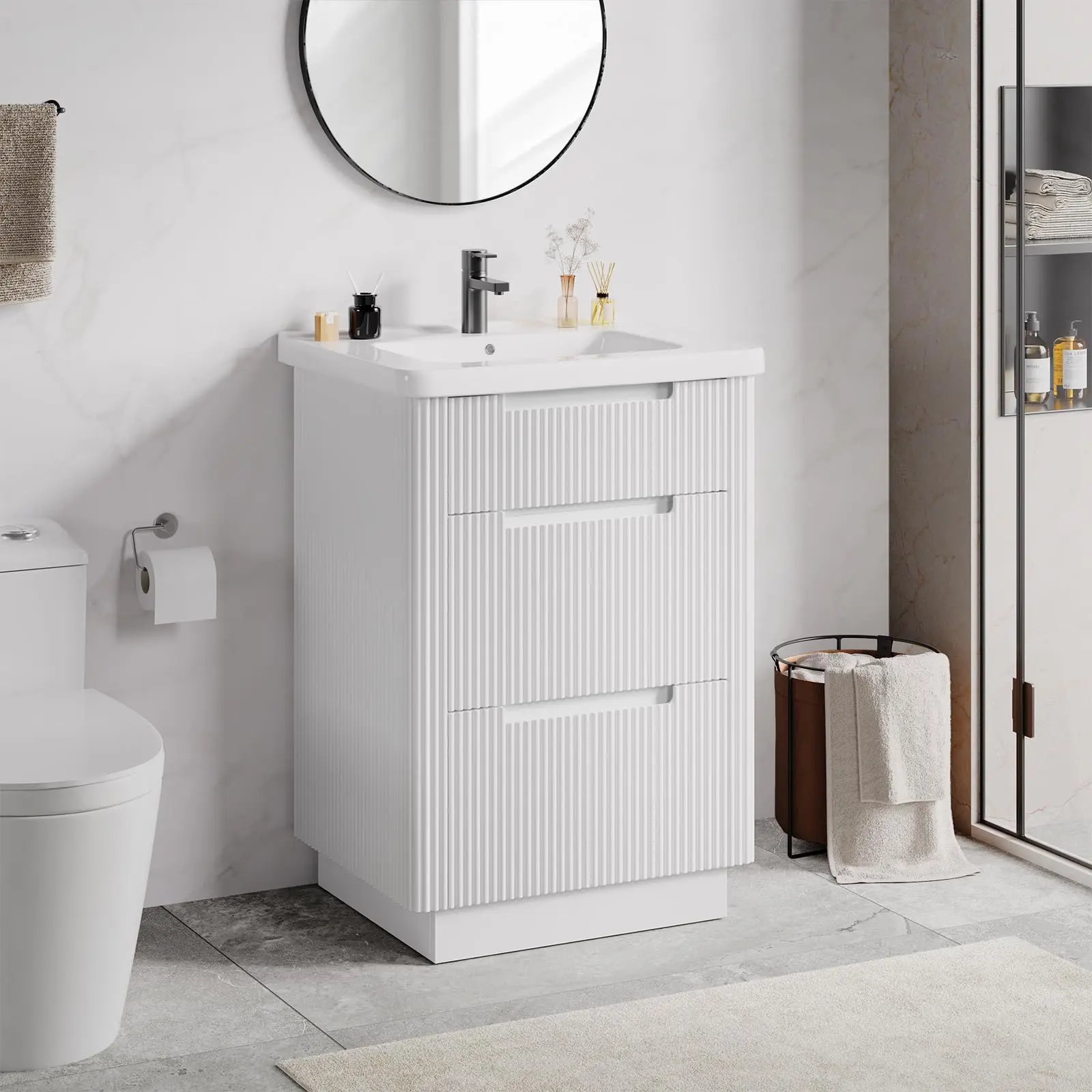 【SummerFinds】ONBRILL 24" Modern Fluted Wood Floor Standing Bathroom Vanity with Sink Combo - 3-Drawer Bath Cabinet with Integrated Ceramic Sink, Compact Modern Storage Cabinet for Small Spaces, Floor Standing Cabinet, Fluted Cabinet Wood