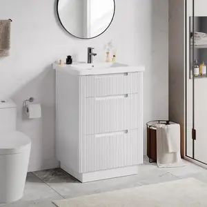 【DealsforYouDays】ONBRILL 24" Modern Fluted Bathroom Vanity with Sink Combo, Freestanding Bathroom Vanities with 3 Drawers, Bath Cabinet with Integrated Ceramic Sink for Small Space, Apartment