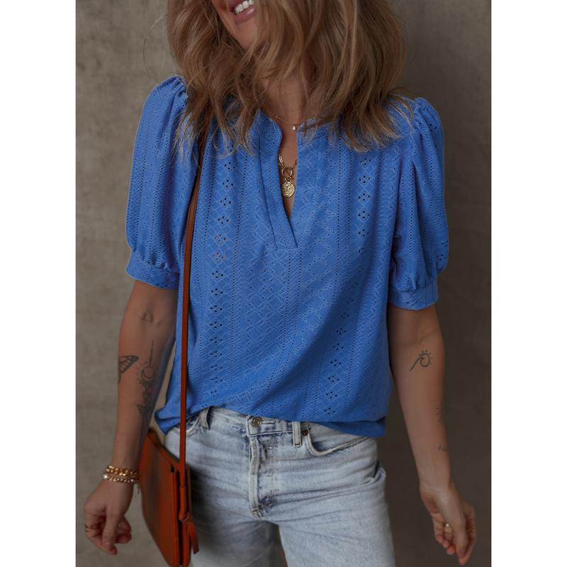 Dokotoo Women's Summer Business Casual Blouses V Neck Short Sleeve Shirts Hollow Out Cute Lace Tops Loose Fit Breathable Fabric
