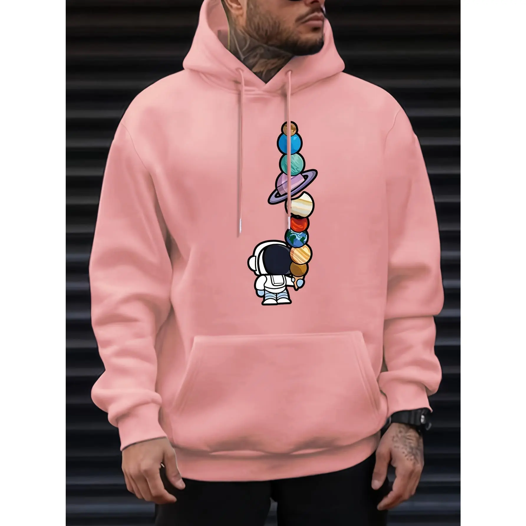 Men's Heavyweight Fleece-Lined Hooded Sweatshirt - Oversized Streetwear Pullover with Astronaut & Planets Graphic, Geometric Print, Machine Washable, Autumn Winter Casual Wear Fabric Menswear Spandex Stretch