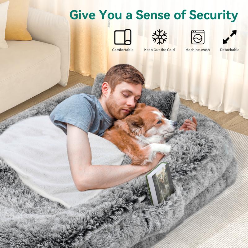 DWVO Human Dog Bed, 79"x43" Extra Large Memory Foam Dog Beds for Adults and Pets with Blanket and Pillow, Washable Fur Cover