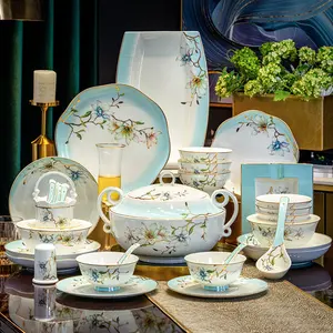 Jingdezhen bone china tableware set, custom-made high-value gold-painted bowls and plates set, home ceramic housewarming bowl and plate combination