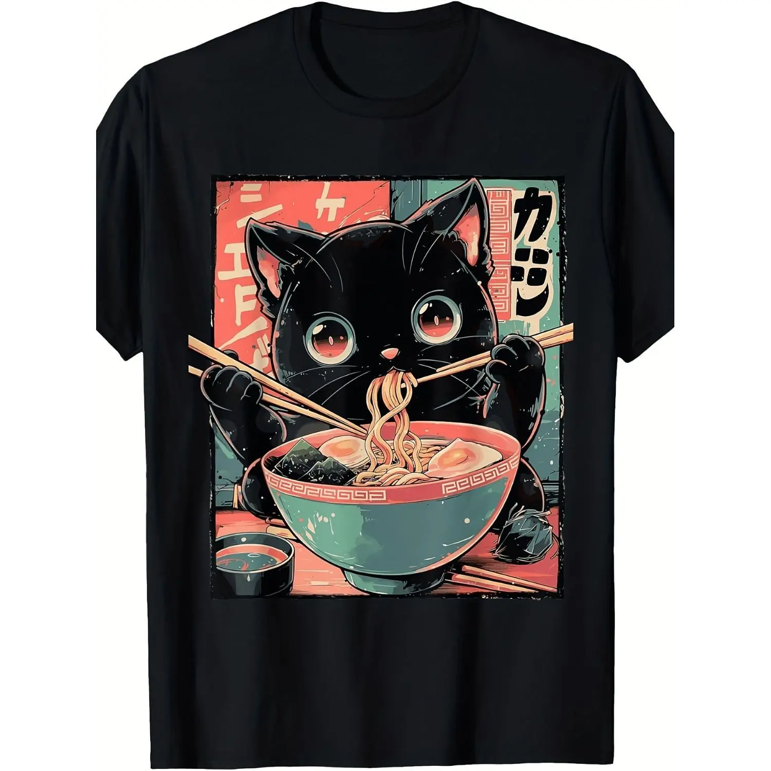 Cute Cat Eating Ramen T Shirt for Men and Women Featuring Japanese Kitten and Ramen Bowl Graphic 220GSM Pure Cotton Round Neck Casual Wear Tee Ideal for Anime Conventions