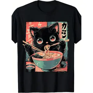 Cute Cat Eating Ramen T Shirt for Men and Women Featuring Japanese Kitten and Ramen Bowl Graphic 220GSM Pure Cotton Round Neck Casual Wear Tee Ideal for Anime Conventions