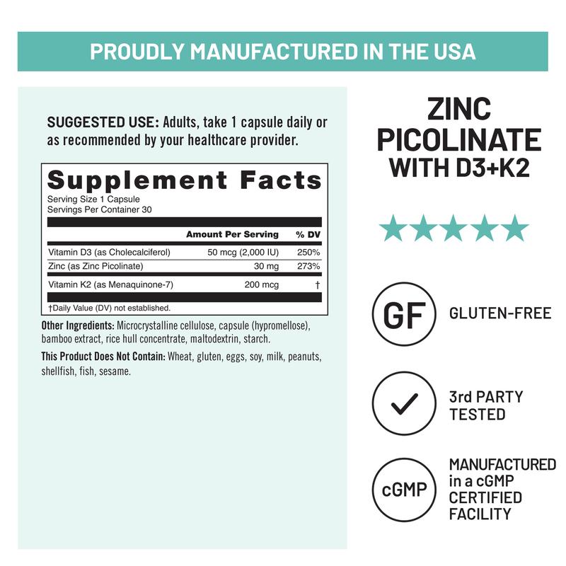NatureWise Zinc Picolinate with D3 + K2 - Zinc Supplements for Men & Women + Vitamin D3 K2 - Supports Immune & Bone Health* - Non-GMO, Gluten Free, USA Manufactured