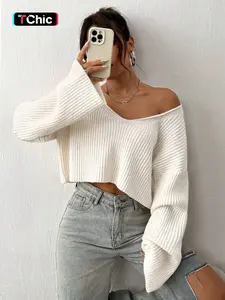 Casual Style Solid Color V Neck Drop Shoulder Crop Ribbed Knit Sweater