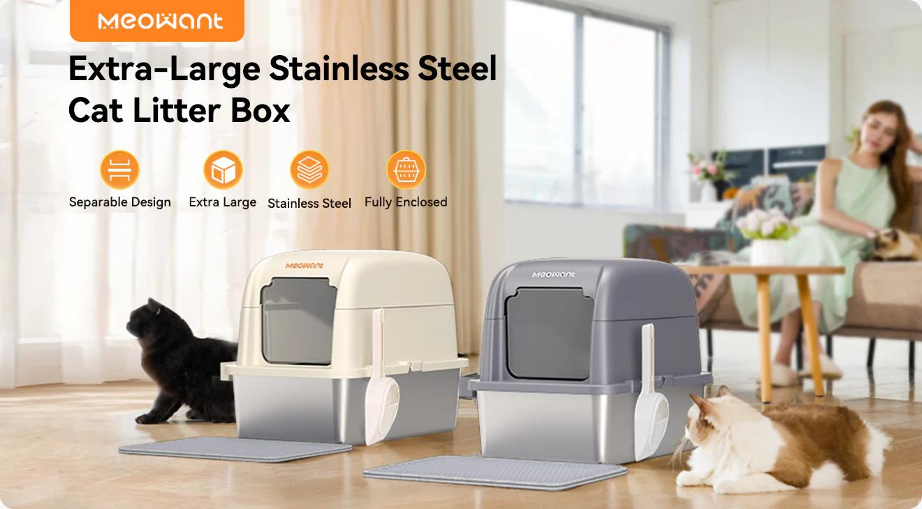 MeoWant LB02 Stainless Steel Cat Litter Box - Extra Large 3-in-1 Detachable Design, Odor-Free, 81L Capacity, Non-Stick, Scratch-Resistant, Rust-Free