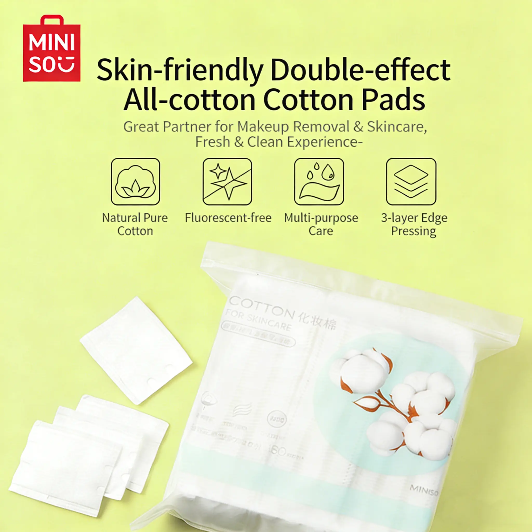 MINISO Pure Cotton Cosmetic Wipes - Lint-Free, Gentle for Sensitive Skin, Colorless, Daily Micellar-Ready Multi-Use Skincare & Makeup Removal Pads, Acne Prone, Cleansing, Cleansing Cloths, Makeup Remover, Back To School, Fragrance Free