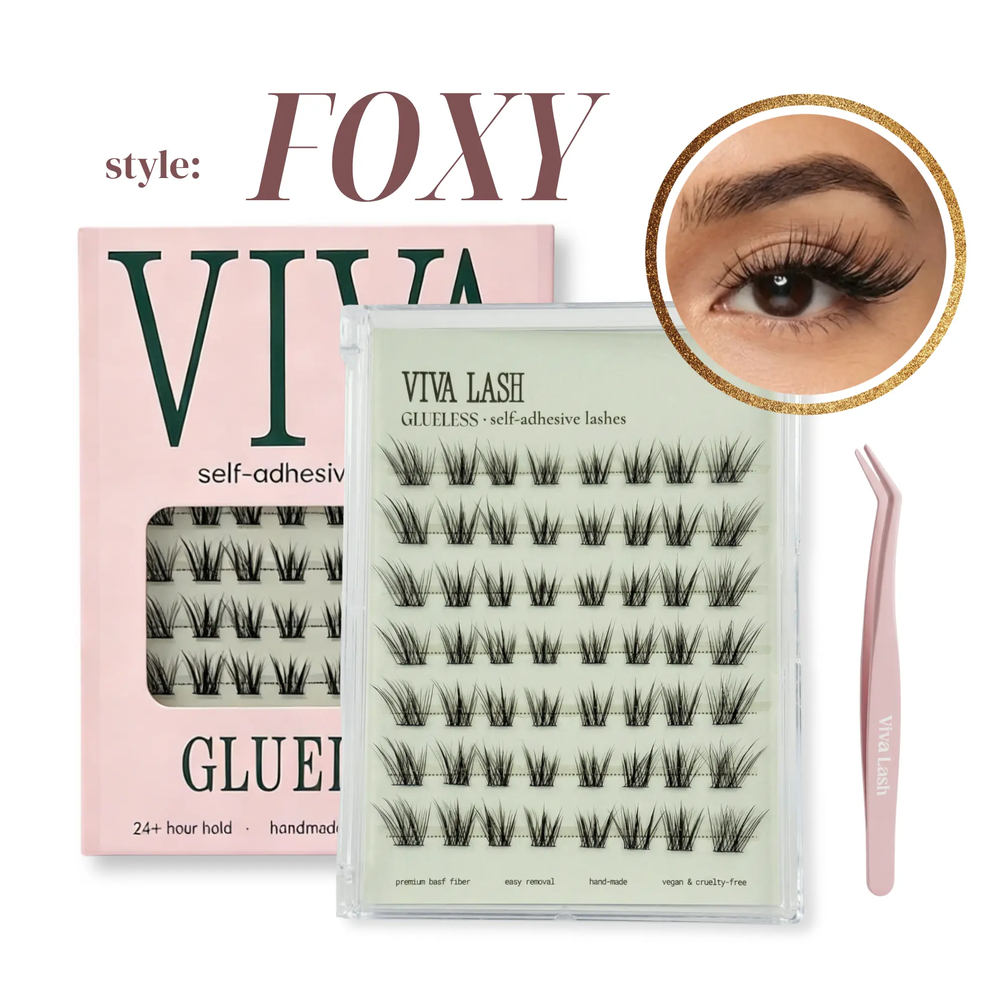 VIVA LASH Self-Adhesive Cluster Lashes [Foxy] 1-Minute Application, Lightweight Natural Eyelash Extensions, Makeup Tweezer