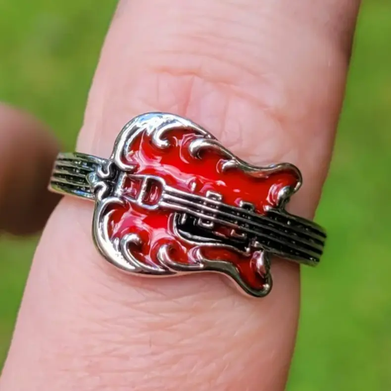 925 Sterling Silver Plated Electric Red Guitar Rock & Roll Ring
