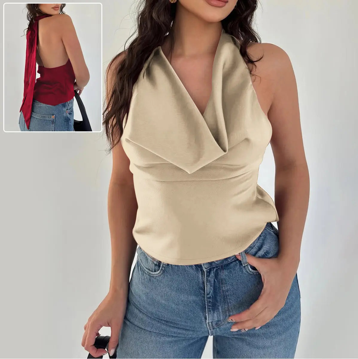 Women’s Cowl Neck Halter Top Backless Tie Back Slim Fit Sleeveless Going Out Top