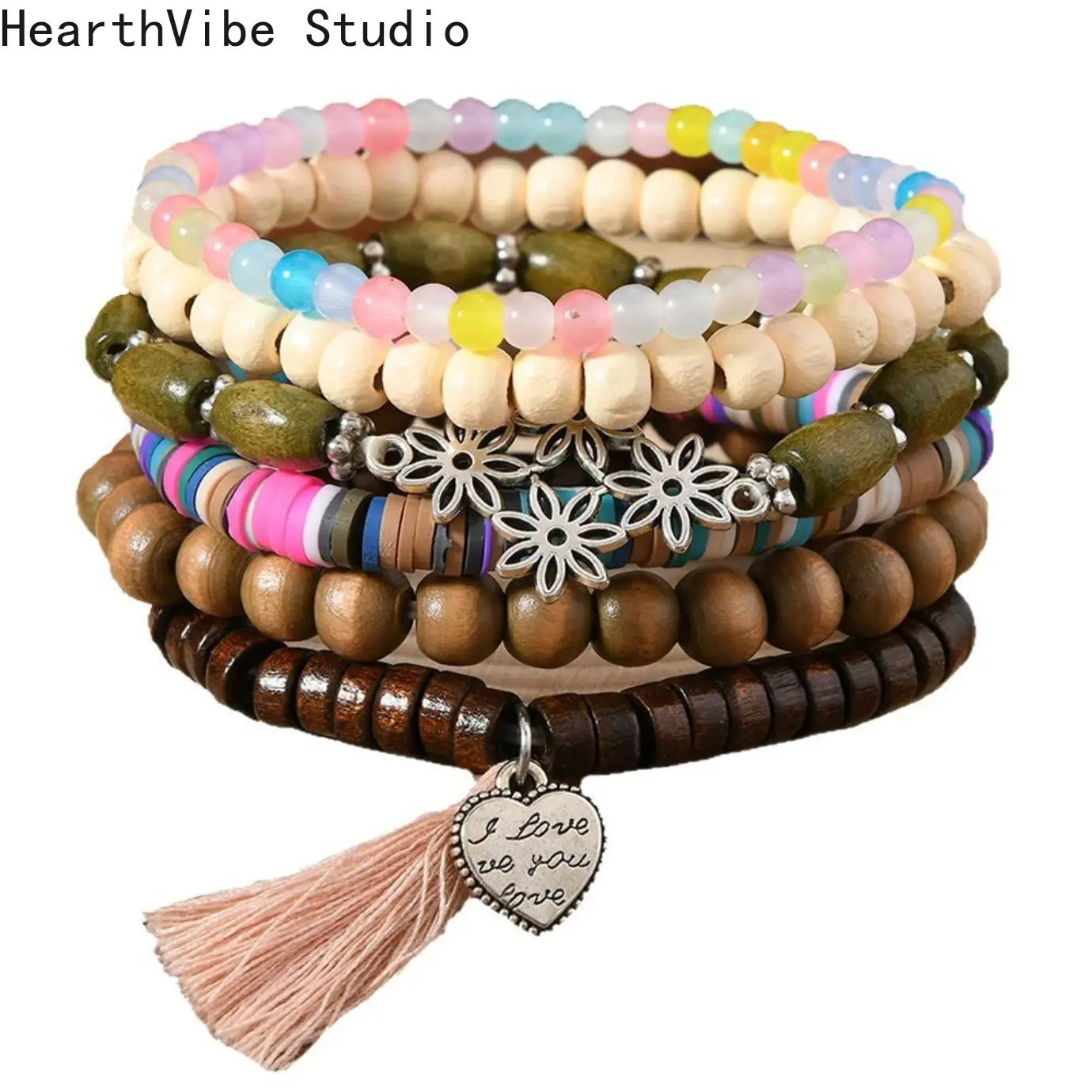 Unisex 6-Piece Mix Match Sports Wristbands Set - New-Style Wooden Beads, Clay and Polymer Clay Flower Beaded Bracelets for Daily Wear, Sports Use