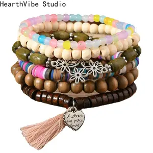 Unisex 6-Piece Bracelet Stacks - New-Style Wooden Bead, Polymer Clay Flower, and Beaded Wristbands for Daily Wear, Sports Use, Bracelets