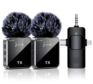 3 in 1 Mocrophone for iPhone/Android/Camera, 2-Pack Wireless Lavalier Microphone, 45M Long-Range Wireless Transmission and Up to 12 Hours Battery Life