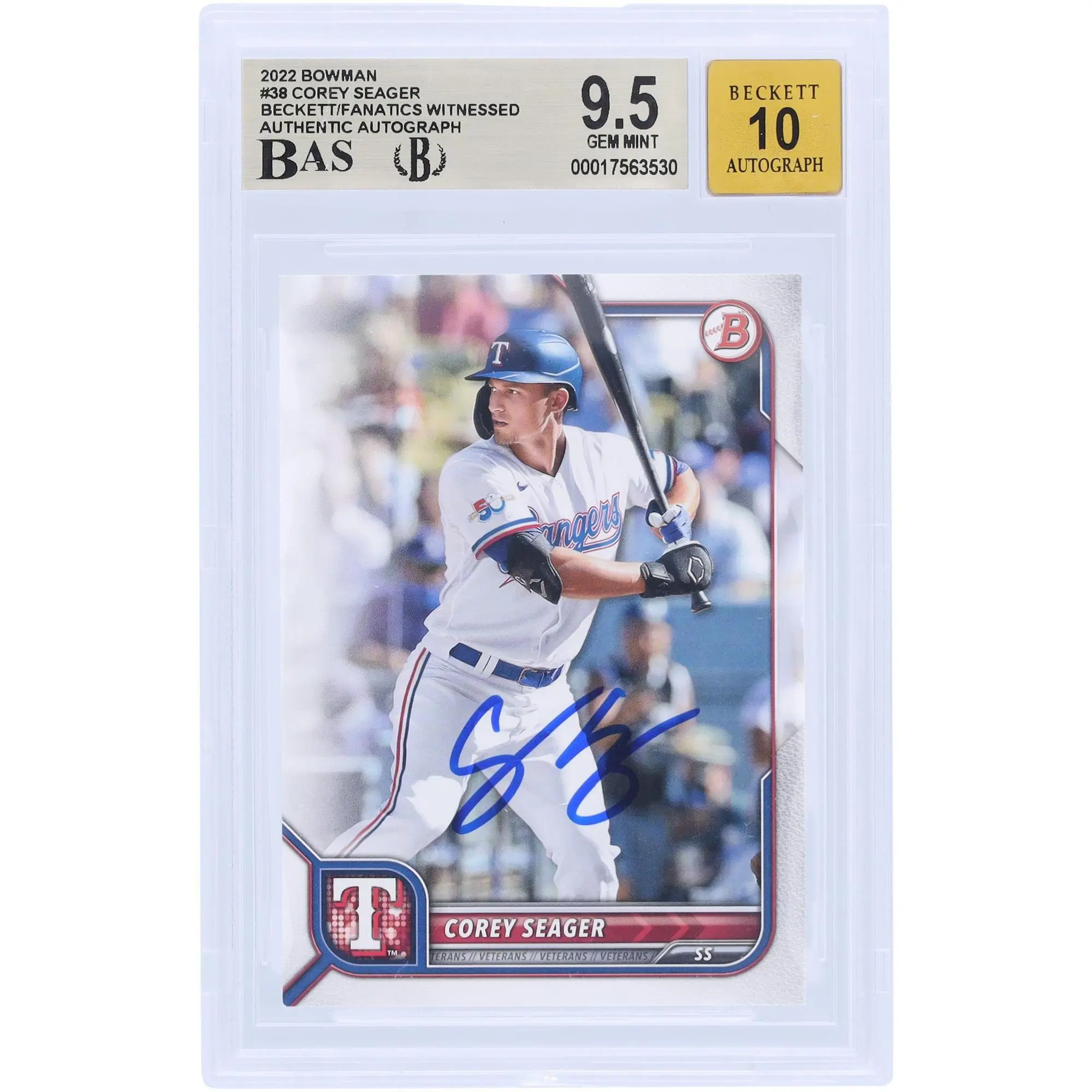 Corey Seager Texas Rangers Autographed 2022 Bowman #38 Beckett Fanatics Witnessed Authenticated 9.5/10 Card - Fanatics Authentic Certified