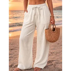 Women's Solid Linen Wide Leg Pants, Elastic Waist Loose Fit Breathable Casual Trousers for Summer Beach Daily Wear