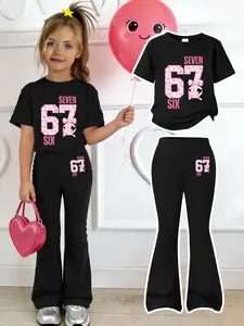 Girls' Sweet-Cool 67 Number Set: "SIX SEVEN" Number Print T-Shirt + Flared Pants 2-Piece, Clothing Sets, Girl Clothes School, Ultra-Soft Breathable Fabric, American Light-Trendy Style, Coordinated Number Element, Eye-Catching & Unique for Daily & Outings