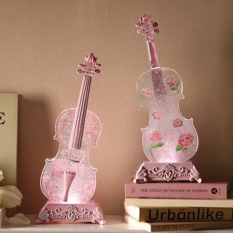 Violin Shaped Artificial Crystal Lamp Music Box with Bluetooth Speaker, Ideal Gift for Home Decor, Tabletop Night Light for Living Room, Mono Audio Output, Rose Pattern, Atmosphere Light