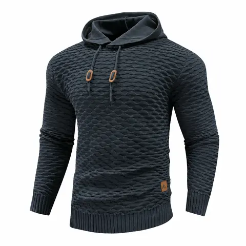 Men's Textured Knit Hooded Pullover - Long Sleeve Menswear Tops with Drawstring, Ribbed Cuffs, Ribbed Hem for Casual Fall Winter Wear