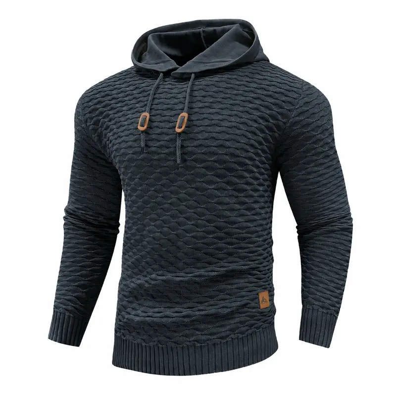 Men's Textured Knit Hooded Pullover - Long Sleeve Menswear Tops with Drawstring, Ribbed Cuffs, Ribbed Hem for Casual Fall Winter Wear