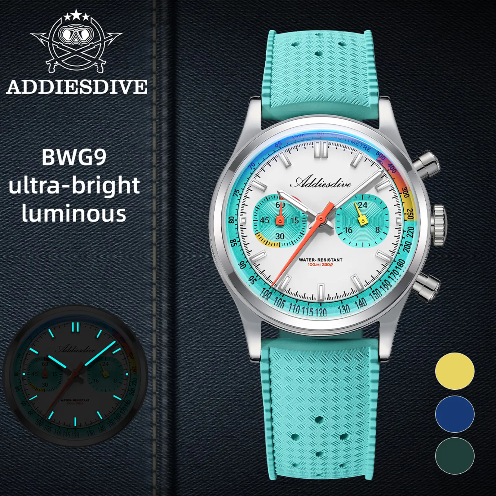ADDIESDIVE Mens Casual Watches - VK64 Hybrid Movement Chronograph K1 Doemd Crystal 100m Waterproof Super Luminous Mens Vintage Watch Summer Watch