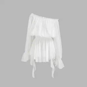 Cider Off-shoulder Lantern Sleeve Asymmetrical Ruffle Hem Mini Dress