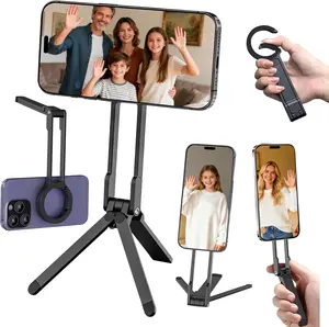 Portable Foldable Magnetic Phone Tripod Stand, Pocket Sized Desktop Cell Phone Holder Compatible with Magnetic Series Smartphones, Black