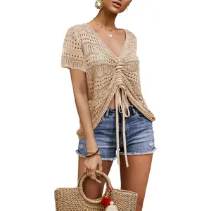 FMEYOA Women Crochet Top Short Sleeve Beach Cloth Drawstring Shirt Cover Up Oversized Sexy Beachwear Lace Up Tee Poncho