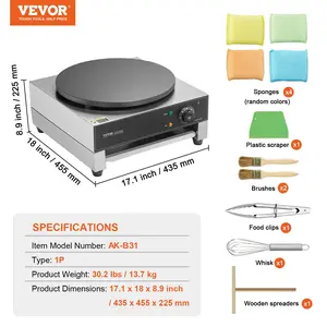 VEVOR Electric Crepe Maker, 16-Inch Commercial Crepe Machine, 1700W Flat Plate Crepe Griddle, Nonstick Stainless Steel Pancake Making Machine, Desktop Circular Cereals Pancake Stove with Temp Control