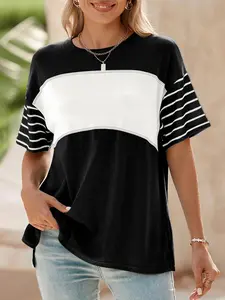 A women's Lady fashionable contrast-colored pullover round-neck casual striped short-sleeved T-shirt top, suitable for summer, perfect for daily street wear and home dressing