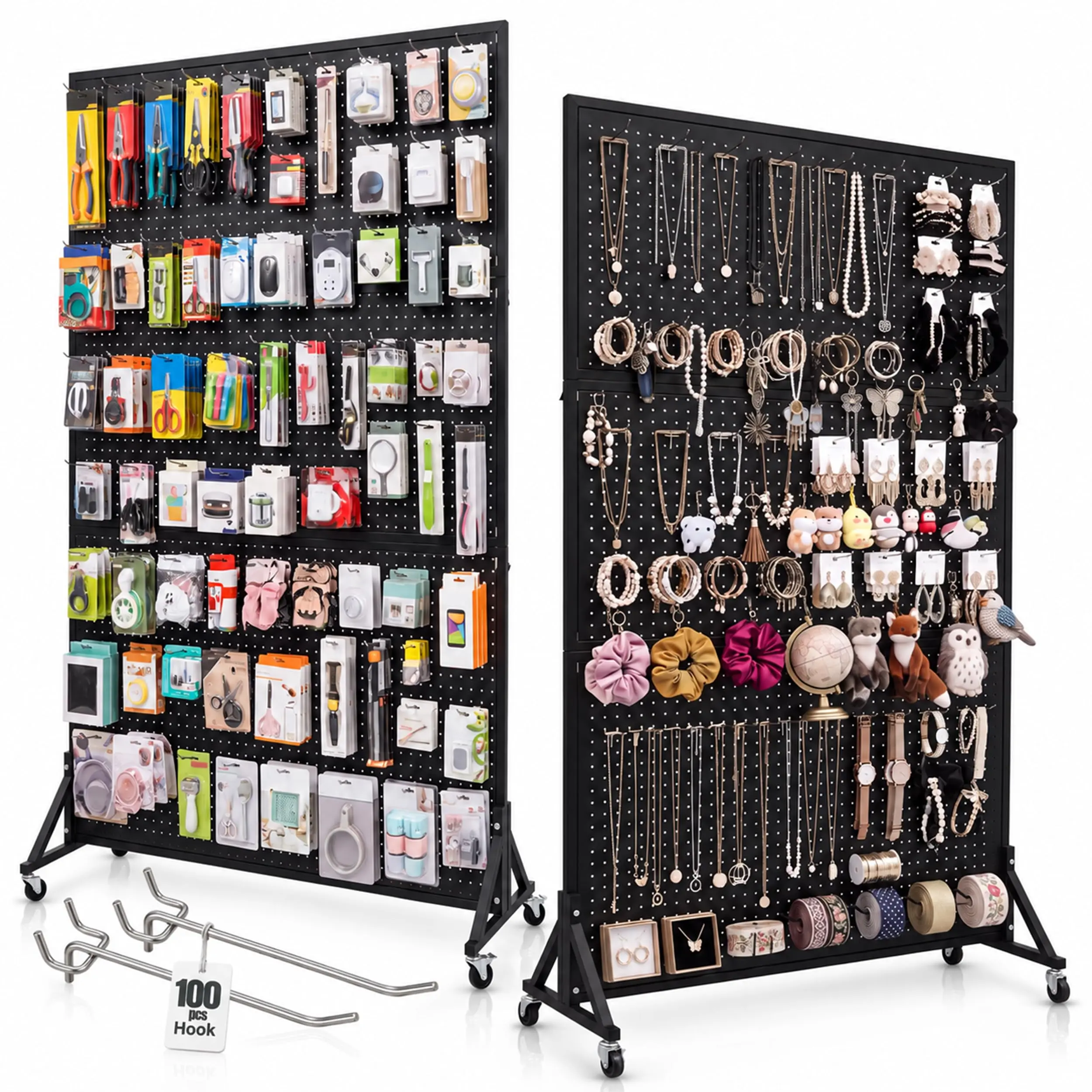 2 Pack 72" Pegboard Display Stand Rolling Metal Organizer with Hooks Double Sided Freestanding Panels for Retail Garage Workshop Use
