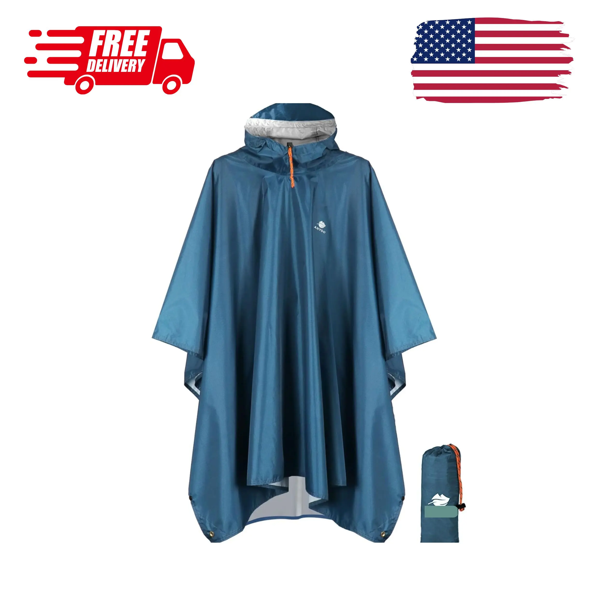 Hooded Reusable Rain Poncho for Adults Waterproof Lightweight