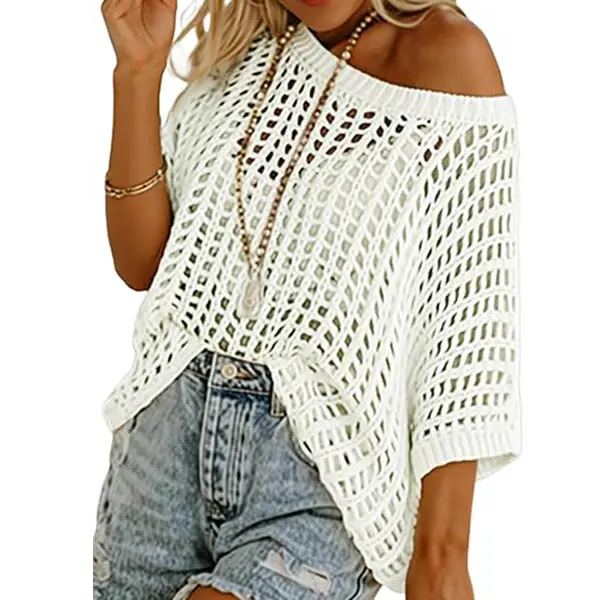 Chvity Women's Minimalist Knit Top - Loose-Fitting, Medium-Length, Scoop Neck, Short-Sleeve, Hollow-Out Crochet Beach-Themed Boho Pullover, Summer Casual Beach Coverup, Knit Tops, Beach-Themed Women's Pullovers