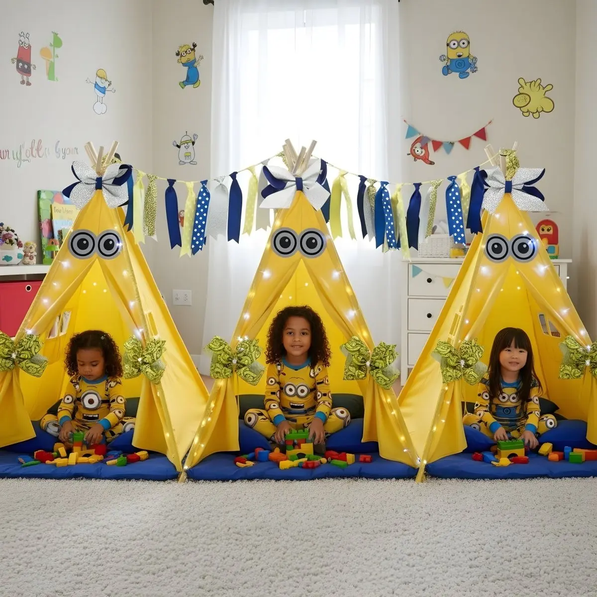 Crazy Bananas 3 Vibrant Polka Dot Teepee Tent Kit with Sleepover Floor Cushions, Twinkling Lights - Festive Party Activity Supplies