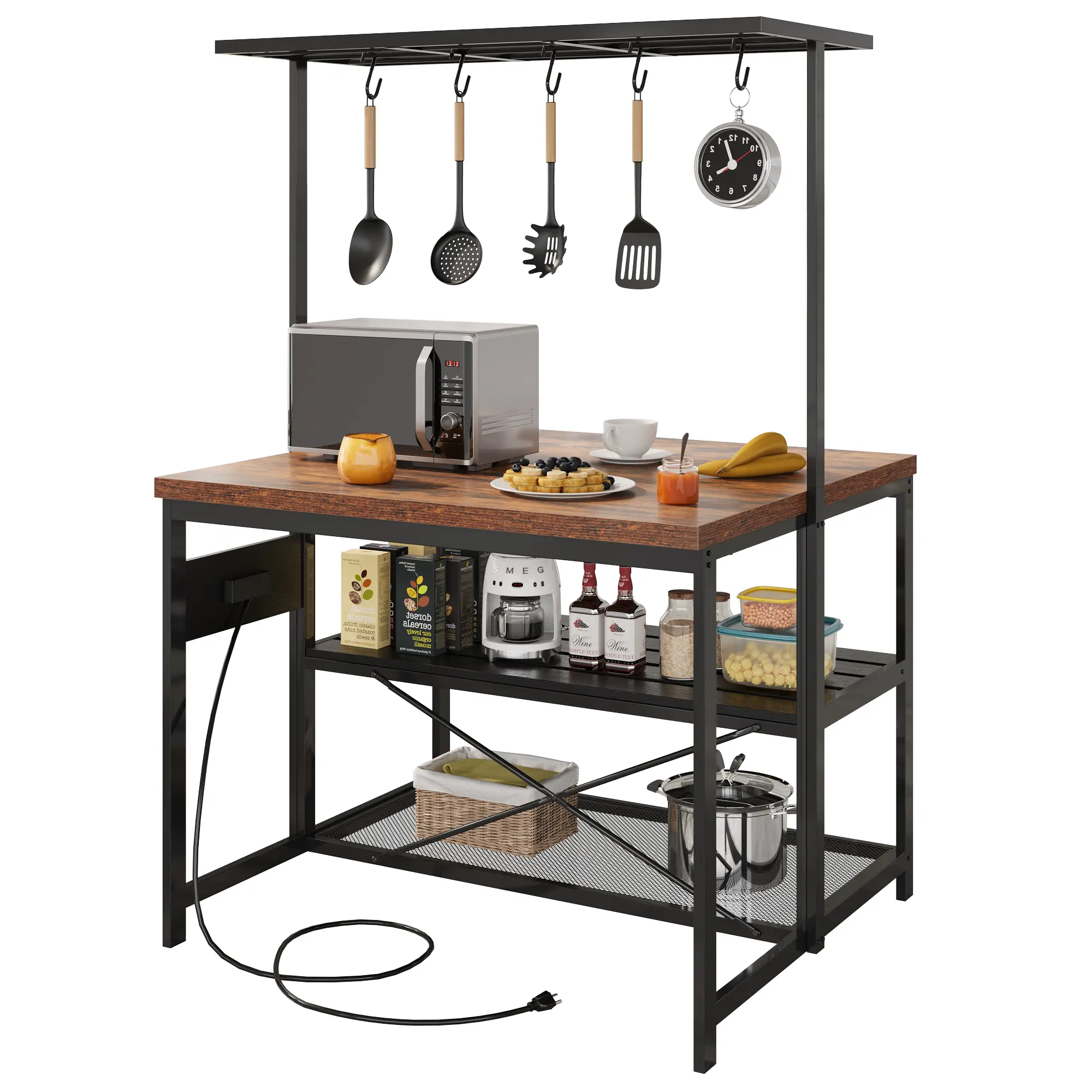Sturdy 3-Tier Modern Kitchen Island Furniture with Metal Frame, Solid Wood Top, Power Outlet, Storage Shelves, Living Room Dining Bar Table