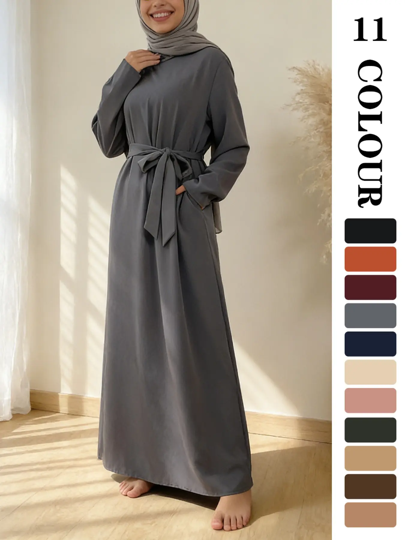 Muslim Sleepwear Dress, Pure Color Nida Fabric Long Skirt [with Pockets] [Waist Belt Included] [11 Colors] [5 Sizes] Elegant Classy Modest Dresses Long Sleeve Dresses Ramadan Clothing [not included Hijab] Modest Style Dress Modest Clothes