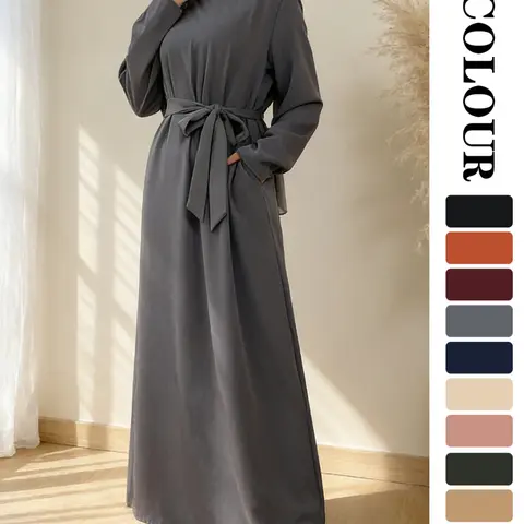 Muslim Sleepwear Dress, Pure Color Nida Fabric Long Skirt [with Pockets] [Waist Belt Included] [11 Colors] [5 Sizes] Elegant Classy Modest Dresses Long Sleeve Dresses Ramadan Clothing [not included Hijab] Modest Style Dress Modest Clothes