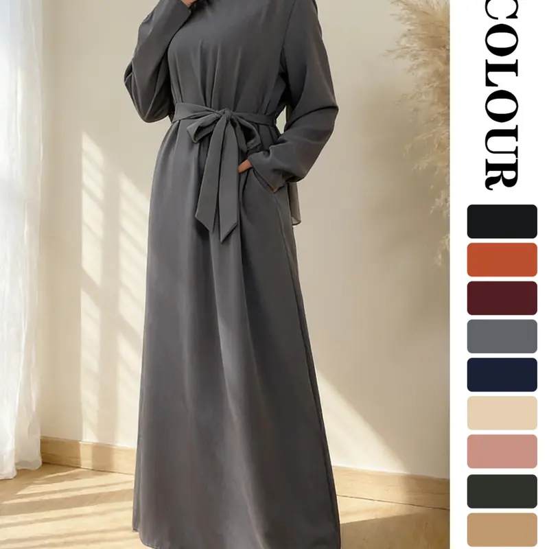 Muslim Sleepwear Dress, Pure Color Nida Fabric Long Skirt [with Pockets] [Waist Belt Included] [11 Colors] [5 Sizes] Elegant Classy Modest Dresses Long Sleeve Dresses Ramadan Clothing [not included Hijab] Modest Style Dress Modest Clothes