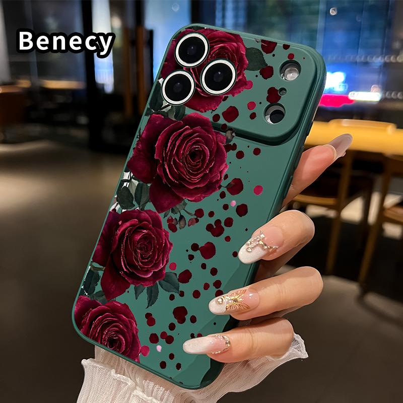 Straight Edge Phone Case for iPhone 17 15 16 14 Pro Max 13 12 11 XR XS Plus Air E Blooming Ruby Roses Pattern Drop Protection Shockproof Soft Liquid Silicone Smartphone Cover