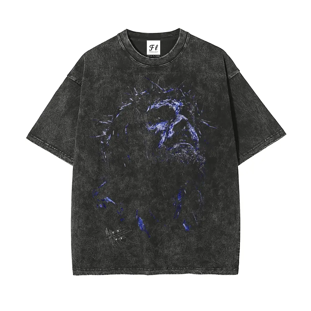 Men's Abstract Face Portrait Graphic Cotton T-Shirt - Vintage Acid Wash, Oversized Crewneck, Short-Sleeve, Grunge Streetwear, Dark Aesthetic Casual Menswear Top