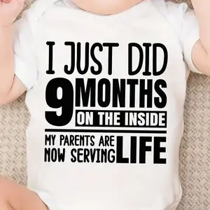Baby Jumpsuit "I Just Made 9 One Months inside"Funny Letter Print, Soft cotton Short Sleeve Jumpsuit, Suitable for Newborn to One Months,for Outdoor Breathable Expandable Shoulders Durable Snaps