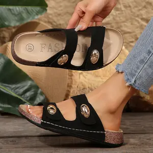 Womens Cork Footbed Sandals - Adjustable 2-Strap Comfort Slides Slip On Open Toe Flat Sandals for Summer Beach Casual Everyday Wear